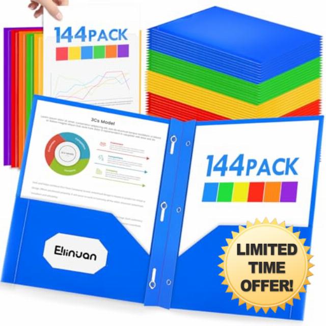 Ellinjan 144 Pack Plastic Folders with Pockets and Prongs