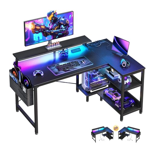 Reversible L Shaped Computer Desk with Storage Shelves & Monitor Stand
