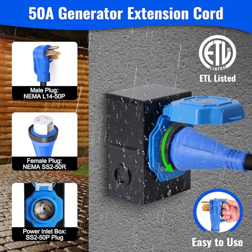 4 Prong 15 FT Generator Extension Cord with Pre-drilled Power Inlet Box & Interlock Kit