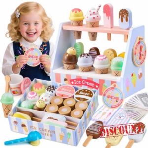 Ehome Wooden Ice Cream Toys Set Pretend Play Food Store for Kids Serve Ice Cream Counter Shop Kitchen Playset with Lucky Wheel