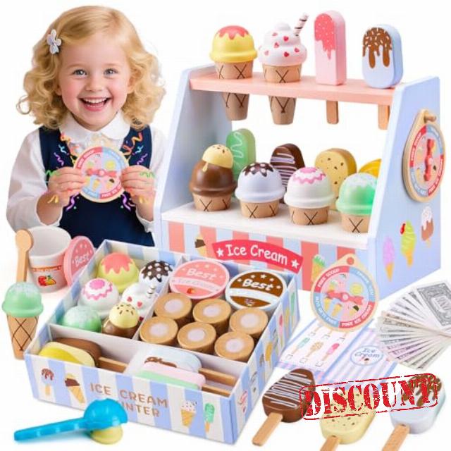 Ehome Wooden Ice Cream Toys Set Pretend Play Food Store for Kids Serve Ice Cream Counter Shop Kitchen Playset with Lucky Wheel