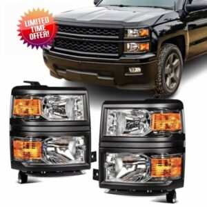 Headlights Assembly for 2014 2015 Chevy Silverado 1500 Halogen Head Light Headlamp Replacement Driver and Passenger Side