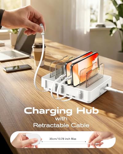 Upgraded 6-Port Desktop Fast Charger with 6 Retractable Cables(4*C+2*iP)