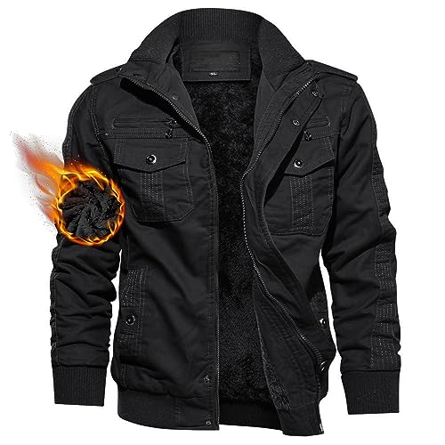TACVASEN Men's Winter Jacket Fleece Lined Military Jacket Cargo Windbreaker Zip Front Stand Collar Coat with Multi Pockets