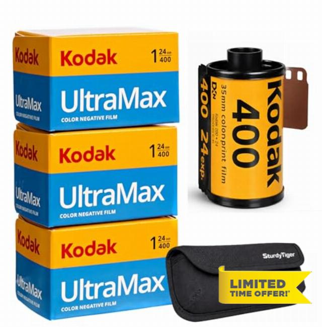 Kodak Ultramax 400 35mm Film Roll (24 Exposures) 3 Rolls + Sturdy Tiger Film Storage Case