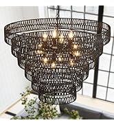 Widluth 31.5" Black Large Rattan Chandelier Light Fixture, 12-Light Boho Wicker Chandelier 6-Tier...