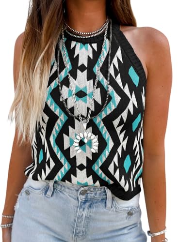 MARZXIN Women Sleeveless Sweater Tank Round Neck Casual Aztec Geometric Knit Sweater Top