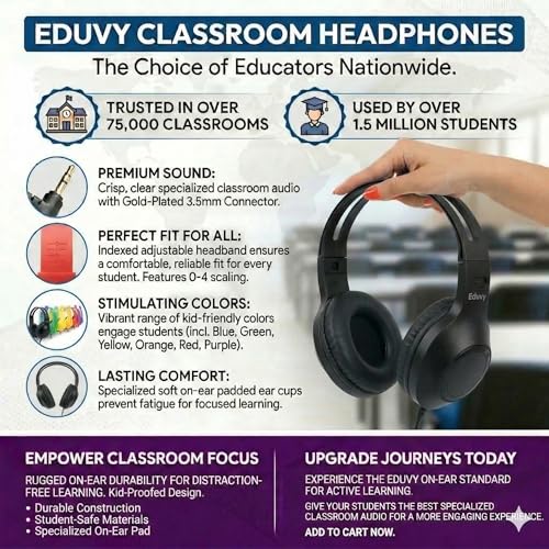 Heavy-Duty School Pack Wired Headphones for Students. Teacher Must Haves Supplies from Elementary to College (12 Pack Black)