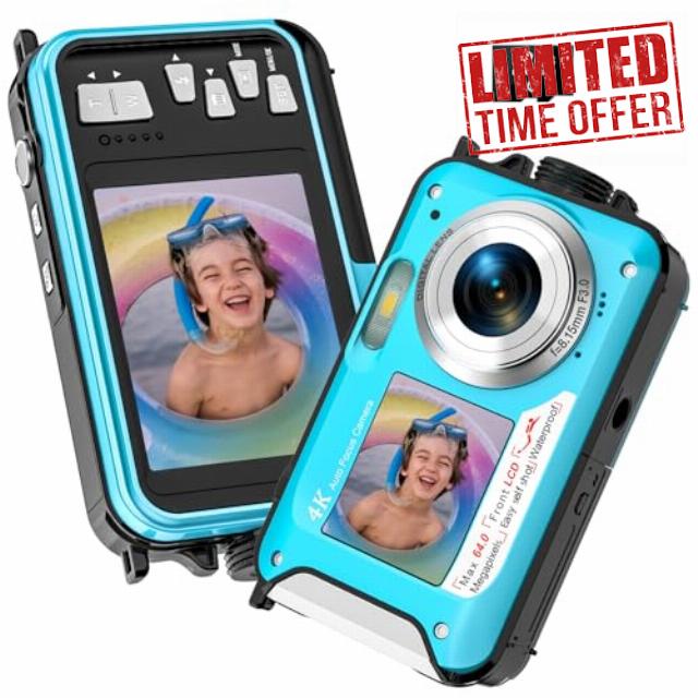 4K Underwater Camera 64MP Autofocus 16FT Waterproof Camera Dual-Screen Selfie 16X Underwater Camera for Snorkeling Waterproof Compact Floatable Digital Camera with 32GB Card