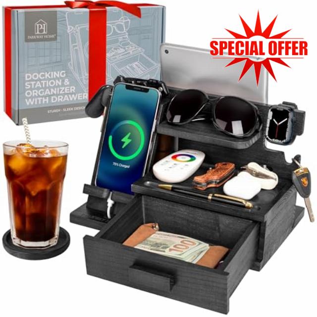 Parkway Home Black Wood Phone Docking Station with Drawer