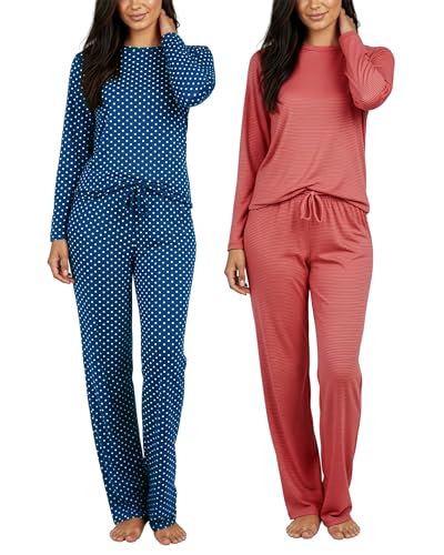 Real Essentials 2 Pack: Women's Long Sleeve Pajama Sets - Soft Comfy 2 Piece PJ Set Matching Ladies Sleepwear (Plus Size)