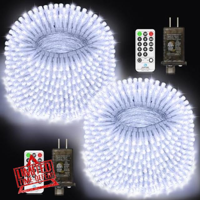 JXLEDAYY 2 Pack 403 FT 1000 LED Christmas Lights Outdoor Fairy Lights Plug in Extra Long String Lights with Remote Timer 8 Modes for Outside House Tree Garden Wedding Party Decorations-Cool White