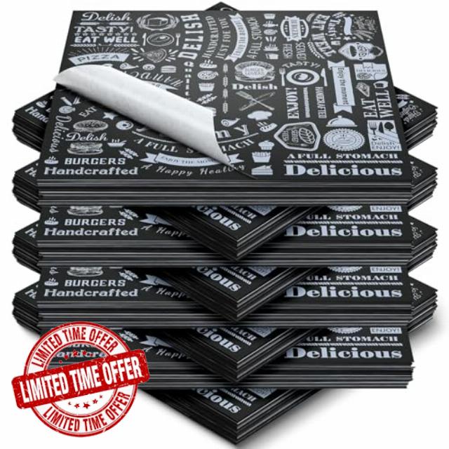 Outus 600 Pcs 12 x 12 Inch Deli Wax Paper Sheets Grease Resistant Tray Basket Liners Newsprint Paper Water and Grease Proof Sandwich Wrapping Square Hot Dog Wrappers for Food Baking (Black)