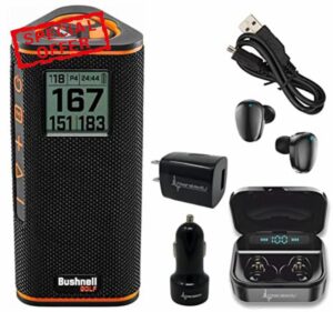 Bushnell Wingman View Golf GPS Bluetooth Speaker with Wearable4U Ultimate Black Earbuds and Wall and Car Chargers Bundle