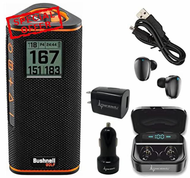 Bushnell Wingman View Golf GPS Bluetooth Speaker with Wearable4U Ultimate Black Earbuds and Wall and Car Chargers Bundle