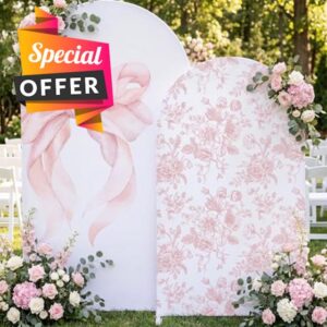 Mindsoft 2 Set Pink Bow Floral Arch Backdrop Cover 7.2ft 6.6ft Bow Floral Arched Wedding Covers Stretchy Background Wall Decor for Bridal Shower