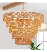 Widluth 30" Large Black Rattan Chandelier Light Fixture , 8-Light Farmhouse Boho rattan pendant l...