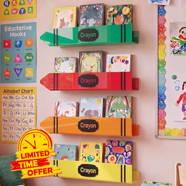 Sabary 4 Set 17 Inches Crayon Acrylic Magnetic Book Shelf for Whiteboard Crayon Classroom Decor Bearing Magnetic Books Display Holder for Teacher Classroom School Office