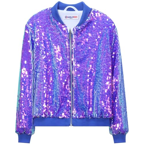 WELAKEN Girls' Ombre Sequin Bomber Jacket with Pockets Lightweight Sparkle Long Sleeve Zipper Gradient Jackets for Kid