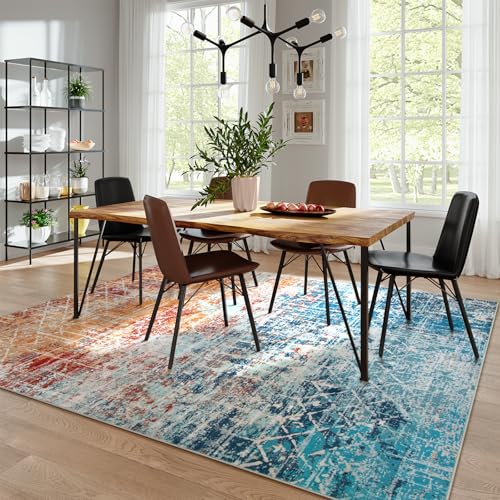 Modern Moroccan Throw Carpet for Girls Room Playroom Office (Orange/Teal