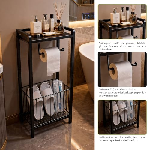 Towels and Magazines–Freestanding Bathroom Tissue Dispenser for Small Spaces – Matte Black