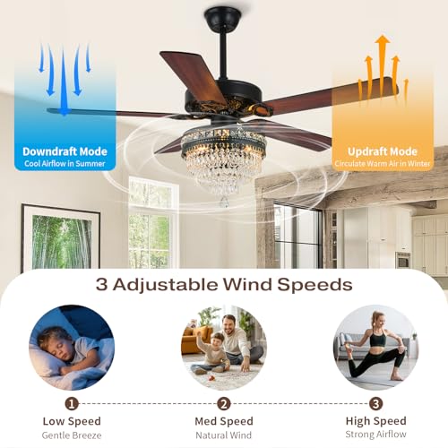 Quiet Chandelier Fan for Living Room Bedroom - Reversible AC Motor