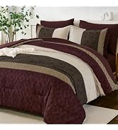 Dinjoy Burgundy King Size Comforter Set,Striped Boho Bed in a Bag King 7 Pieces Soft Fall Bedding...