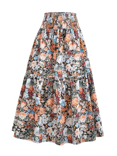 YHYJMY Women's Boho Skirt Elastic High Waist Pleated A-Line Flared Maxi Skirts Womens Flowy Long Skirts