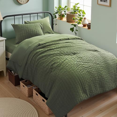 Olive Green Seersucker Bed in a Bag with Comforter and Sheets