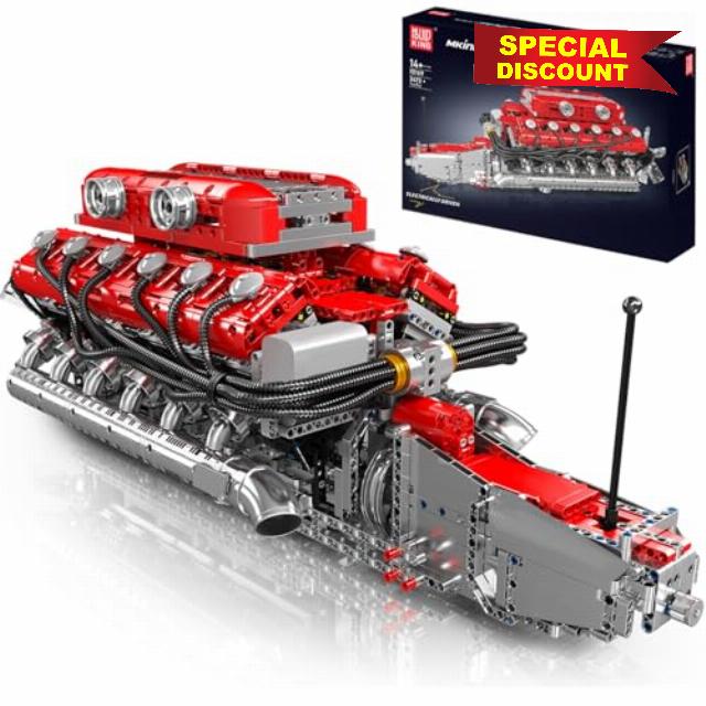 Mould King V12 Engine Model Kit that Runs - Motorized Mini Engines Building Blocks Set with Battery & Gearshift