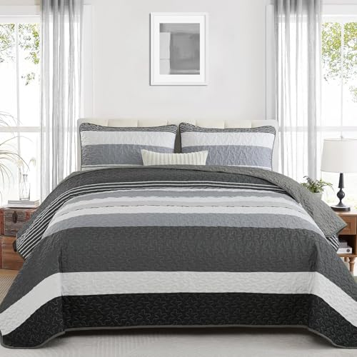Dark Grey Striped Bedspreads Queen Size 3 Pieces Quilts Mens Bedding Sets Lightweight Coverlet Set with 2 Pillowcases Farmhouse for Fall Winte