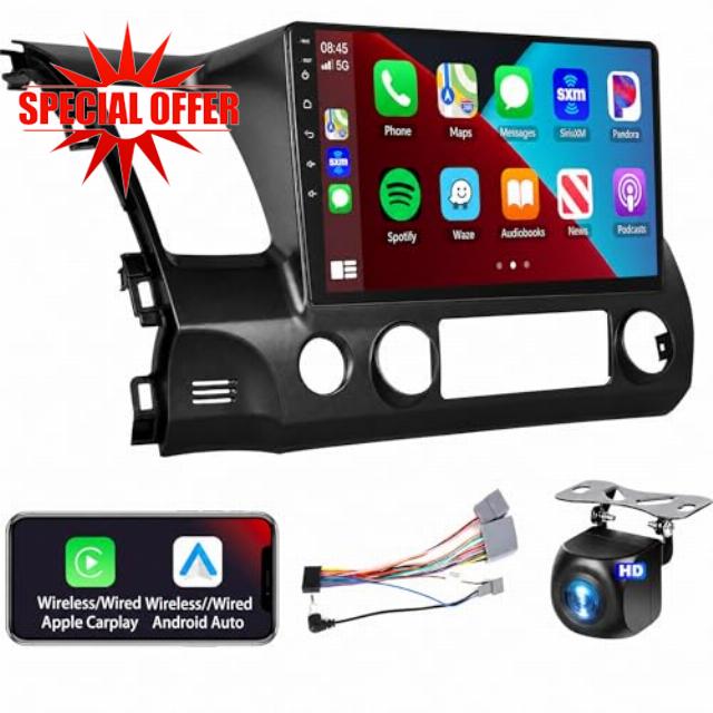 Podofo Radio for Honda Civic 2006 2007 2008 2009 2010 2011 Car Stereo with Wireless CarPlay Android Auto 10.1 Inch 1080P Touchscreen 5G WiFi DSP EQ GPS Bluetooth RDS FM Camera 4Core 64G