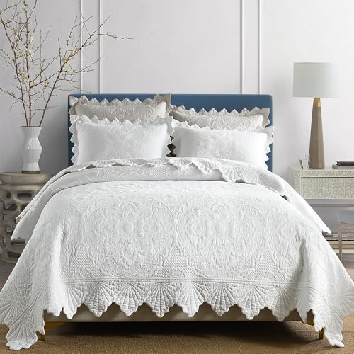 3 Pieces Embossed Floral Solid White Bedspread with Ruffled Edge