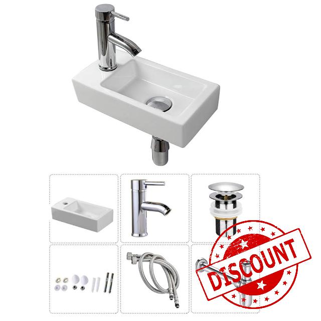 Wall Hung Basin Sink Small Cloakroom Basin Rectangle Ceramic Wash Basin Left Hand with Tap & Drain(Art Deco)