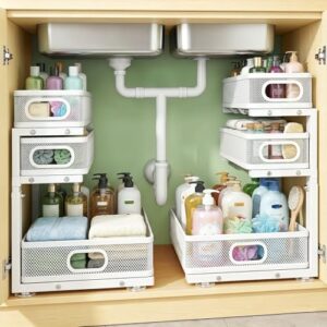 2-Pack 3-tier Under Sink Storage Organizer Adjustable Height Easy Assembly Pull Out Cabinet Organizers Basket for Bathroom Kitchen Pantry Home Organizatio