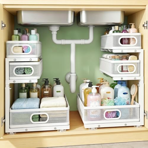2-Pack 3-tier Under Sink Storage Organizer Adjustable Height Easy Assembly Pull Out Cabinet Organizers Basket for Bathroom Kitchen Pantry Home Organizatio