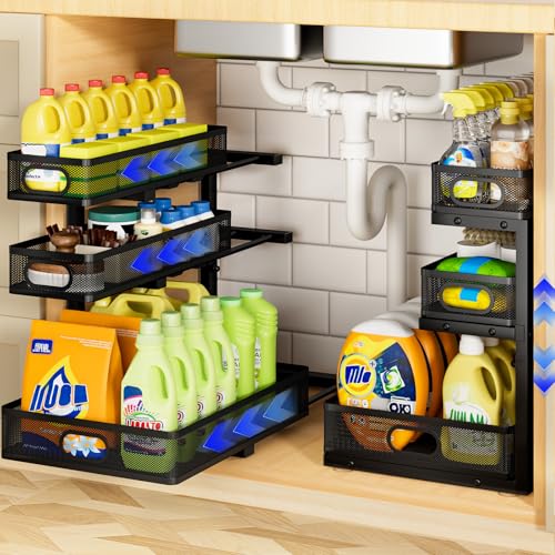 2 Pack L-Shaped Pull-Out Cabinet Organizer with Sliding Metal Mesh Drawers