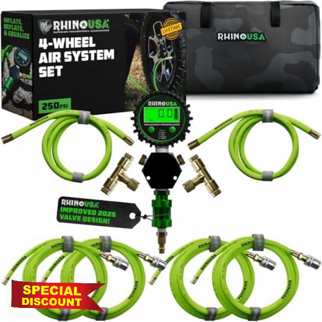 Rhino USA 4 Tire Inflation/Deflation System - Fits up to 155" Wheelbase - Ultra Fast 4 Way Tire Inflator Hose Kit for Truck