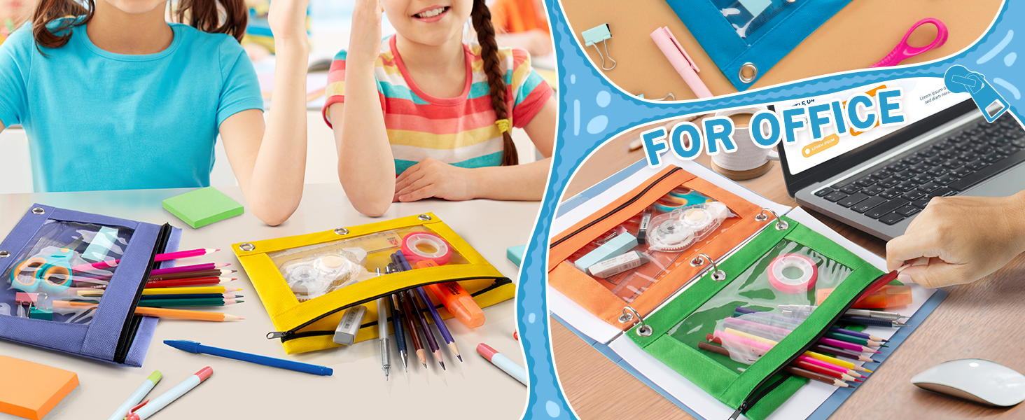 Pencil Pouch for 3 Ring Binder, Pencil Pouches with Zipper & Clear Window - 6 Assorted Color