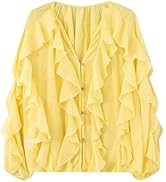 HangNiFang Ruffled Multi-Layered Summer Blouse for Women Trendy Semi See Through V-Neck Long Slee...