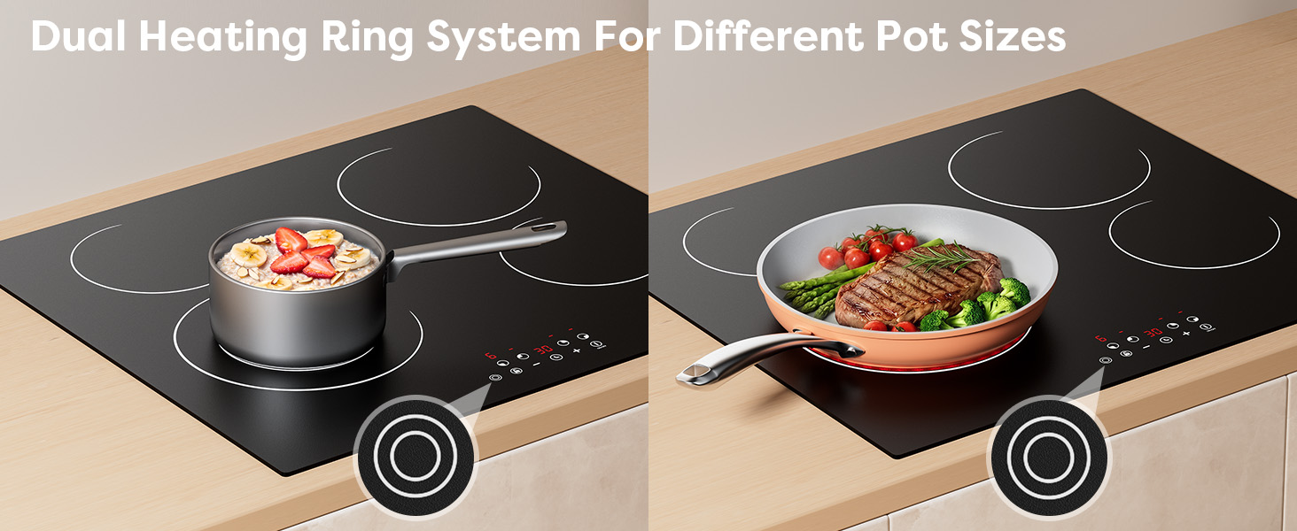 Text reads 'Dual Heating Ring System For Different Pot Sizes'. Multiple panels showing an induction cooktop with various sized pots and pans cooking different dishes.
