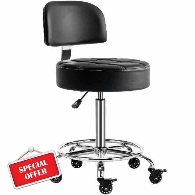 Lockable Stool with Back and Foot Rest Ergonomic Rolling Hydraulic Adjustable Stool for Doctor Esthetician Artist Home Small Office Desk (Black