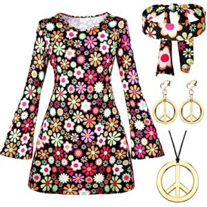 Haysandy 70s 80s Women Hippie Costume Set Disco Outfit Peace Sign Earring Necklace Headband Dress for Women Hallowee