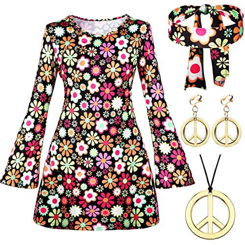 Haysandy 70s 80s Women Hippie Costume Set Disco Outfit Peace Sign Earring Necklace Headband Dress for Women Hallowee