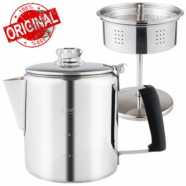 Multi Use Percolator Coffee Pot Stainless Steel Stove Top Coffee Maker with Two Tough Borosilicate Glass Knob Silica Handle Camping Coffee Pot Using on Campfire Stove & Induction Cooker Silver 6 Cup