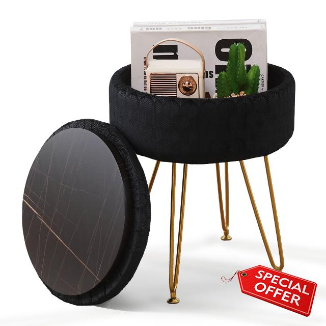 Cpintltr Modern Velvet Foot Rest Stool Upholstered Round Storage Ottomans Multipurpose Dressing Stools Luxury Home Decor Ottoman Coffee Table Top Cover Footstool with Metal Legs for Couch Black