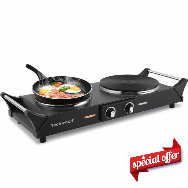 Techwood 1800W Hot Plate Portable Electric Stove Countertop Double Burner with Adjustable Temperature & Stay Cool Handles