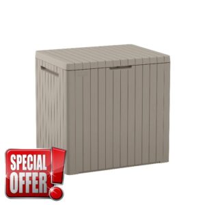 Keter City 30 Gallon Resin Outdoor Storage Box and Patio Furniture Side Table for Pool and Garden Accessories