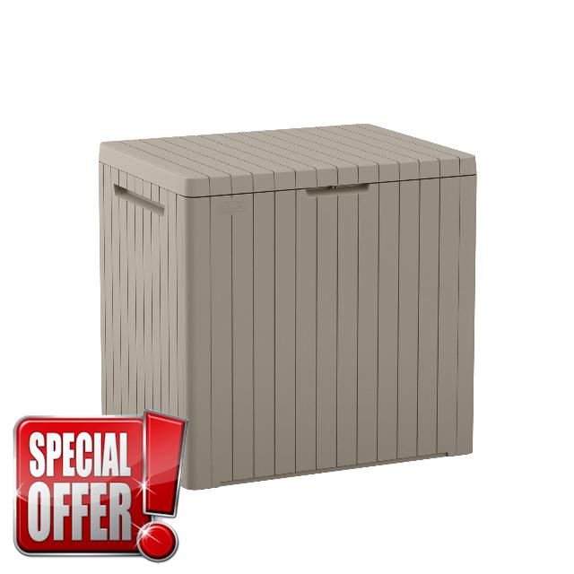 Keter City 30 Gallon Resin Outdoor Storage Box and Patio Furniture Side Table for Pool and Garden Accessories