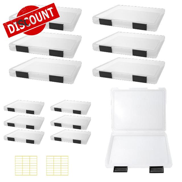 12 Pcs Clear A4 A5 File Box Document Plastic Storage Box with 48 Labels File Holder Organizer Box Paper Plastic Case Magazine Protector with Buckle Office School Supplies(Black)
